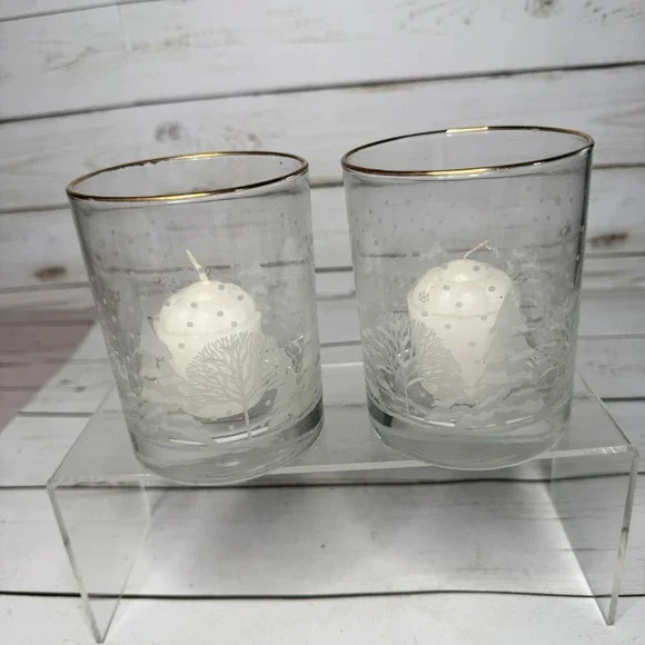 Libbey Clear 4" Votive Candle Holders Winter Christmas Set of 2 w Candles - Picture 5 of 7